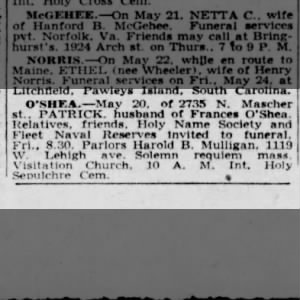 Death of Patrick O'Shea, May 23, 1940 Philadelphia Inquirer
