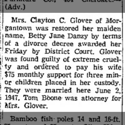 Betty Jane Danzy maiden name restored by terms of divorce from Clayton C  Glover 1953