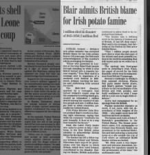 British prime minister admits British blame for Irish Potato Famine in 1997