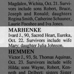 Obituary for Ivard J. MARHENKE (Aged 90)