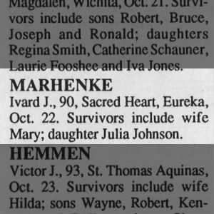Obituary: Ivard J. Marhenke