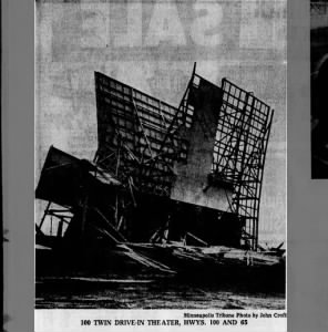 5-7-1965: Destruction of 100 Twin Drive-In from 5-6-65 Fridley Tornado, Mpls Tribune