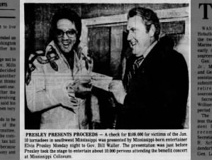 Elvis donates money following Mississippi tornadoes, 1975