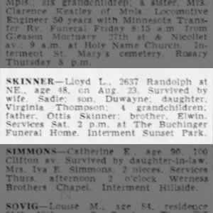 Death Notice_Lloyd Leonard Skinner (Ginger's dad). 24 Aug 1950. Minn Star