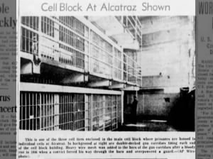 Photo of three cell tiers in the main cell block in Alcatraz, 1956
