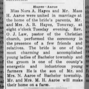 Marriage: Nora A Hayes and Mass Aaroe