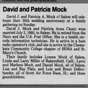 David A and Patricia Mock 
Wed Anniversary