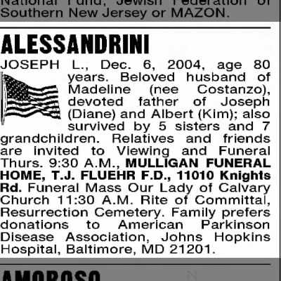 Obituary for JOSEPH L. ALESSANDRINI (Aged 80) - Newspapers.com™