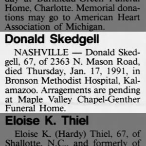 Obituary for Donald Skedgell (Aged 67)