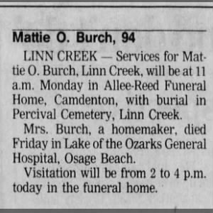 Obituary for Mattie 0 . Burch (Aged 94)