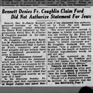 Bennett Denies Fr. Coughlin Claim Ford Did Not Authorize Statement for Jews