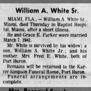 William A White Sr. Obit 1976