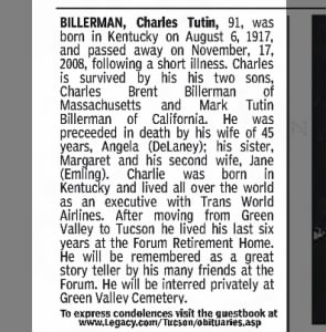 Obituary for Charles Tutin BILLERMAN, 1917-2008 (Aged 91)