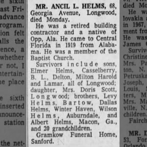 Obituary for ANCIL L. HELMS (Aged 68)