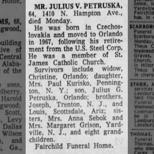 Obituary for JULIUS V. PETRUSKA (Aged 64)