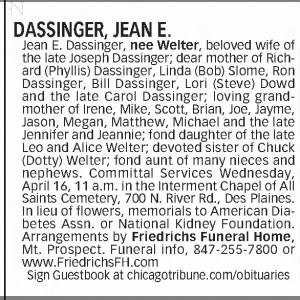 Obituary for JEAN E. DASSINGER