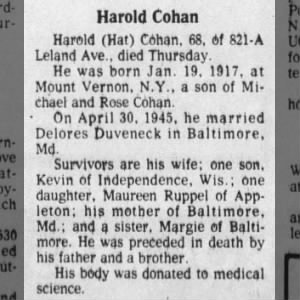Obituary for Harold Cohan (Aged 68)