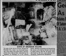 ED GEIN DOCUMENTS BERNICE WORDEN DEATH CERTIFICATE,NEWSPAPER CLIPPINGS, PHOTO 