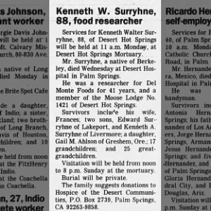 Kenneth Walter Surryhne obituary, 1994 x