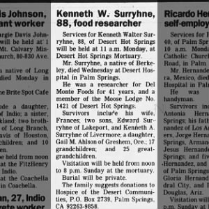 Obituary for Kenneth Walter Surryhne (Aged 88)