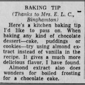 Tip: Replace vanilla with almond extract in chocolate desserts (1954)