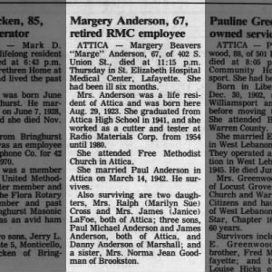 Obituary for Margery Anderson (Aged 67)