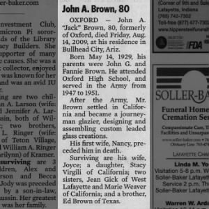 Obituary for John A. Brown, 1929-2009 (Aged 80)