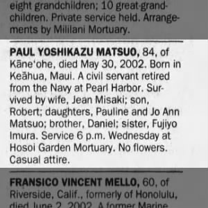 Obituary for PAUL YOSHIKAZU MATSUO (Aged 84)