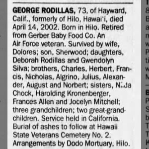 Obituary for GEORGE RODILLAS (Aged 73)