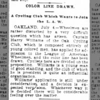 COLOR LINE DRAWN.
Captain Harry Williams of the Oak Cycling Club, wants to join L. A. W.