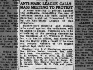 ANTI-MASK LEAGUE CALLS MASS MEETING TO PROTEST