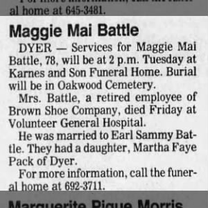Obituary for Maggie Mai Battle (Aged 78)