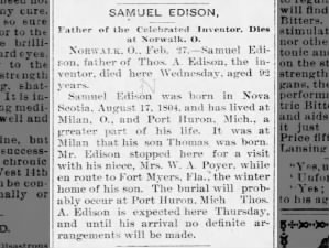 Samuel Edison, father of Thomas Alva Edison, dies 1896
