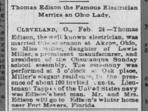 Thomas Edison marries second wife, Mina Miller