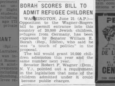 Borah Scores Bill to Admit Refugee Children