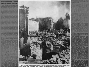 Picture of the damage in Stalingrad while two women emerge from a bomb shelter after a German raid