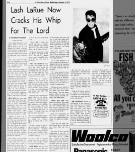 Western movie hero turned evangelist Lash LaRue "Now Cracks His Whip For The Lord".