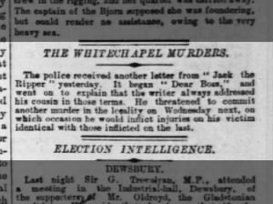 Person claiming to be Jack the Ripper sends a letter to the police, Nov 1888