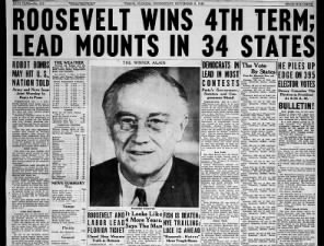 Franklin D. Roosevelt wins 4th presidential term in 1944