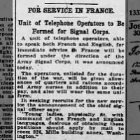 Announcement that unit of telephone operators will be formed for U.S. Army Signal Corps