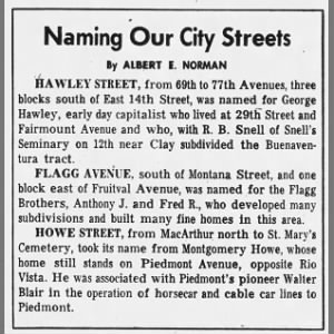 Naming Our City Streets -- Hawley, Flagg, Howe
