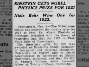 Albert Einstein is awarded the Nobel Prize for Physics in 1921