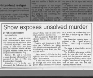 Show Exposes Unsolved Murder - Annette Kay Schnee and Bobbi Jo Oberholtzer Cases