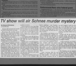 TV Show Will Air Schnee Murder Mystery - Annette Kay Schnee and Bobbi Jo Oberholtzer Cases