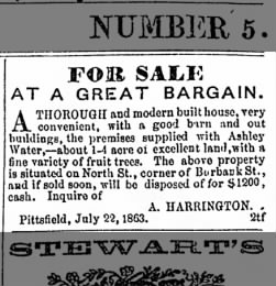 Ad for House for sale for $1200, Massachusetts 1863