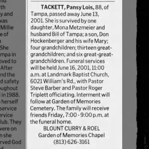 Obituary for Pansy TACKETT Lois (Aged 88)