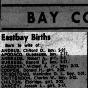 Birth Announcement, James L Andrus, Oakland Tribune (1961-03-28)