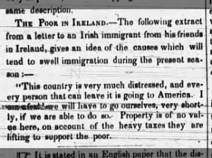 Letter provides explanation for increased Irish immigration to United States