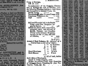 Newspaper lists loss to British army in terms of troops and weapons following surrender at Saratoga