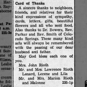 Card of Thanks: Death of John Rioth